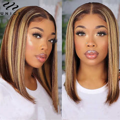 UNice Hair Pre-Cut Lace 6x4.75 Bob Wig Honey Blonde Highlight Wig Human Hair Short Straight Wigs