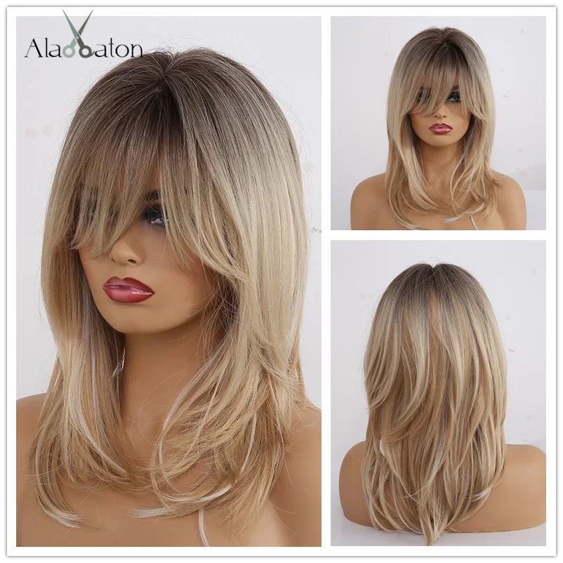 ALAN EATON Blonde Synthetic Bangs Wigs Short Straight Mixed Brown Wigs for Black Women Daily Cosplay Party Use Heat Resistant