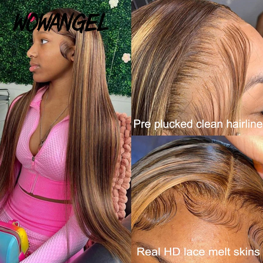 Wow Angel 13x6 HD Lace Front Wig Highlight Wig Human Hair Wig Melt Skins Straight Natural Scalp Invisible HD Lace Wigs For Woman