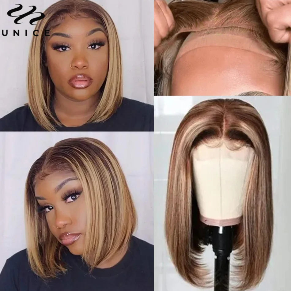 UNice Hair Pre-Cut Lace 6x4.75 Bob Wig Honey Blonde Highlight Wig Human Hair Short Straight Wigs