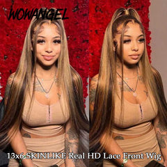 Wow Angel 13x6 HD Lace Front Wig Highlight Wig Human Hair Wig Melt Skins Straight Natural Scalp Invisible HD Lace Wigs For Woman