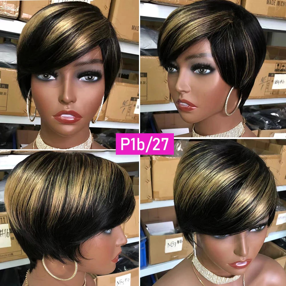 Short Human Hair Wigs Ombre Brazilian Full Machine Wigs Short Pixie Cut Wigs For Women Cheap Bob Remy Ombre Wigs