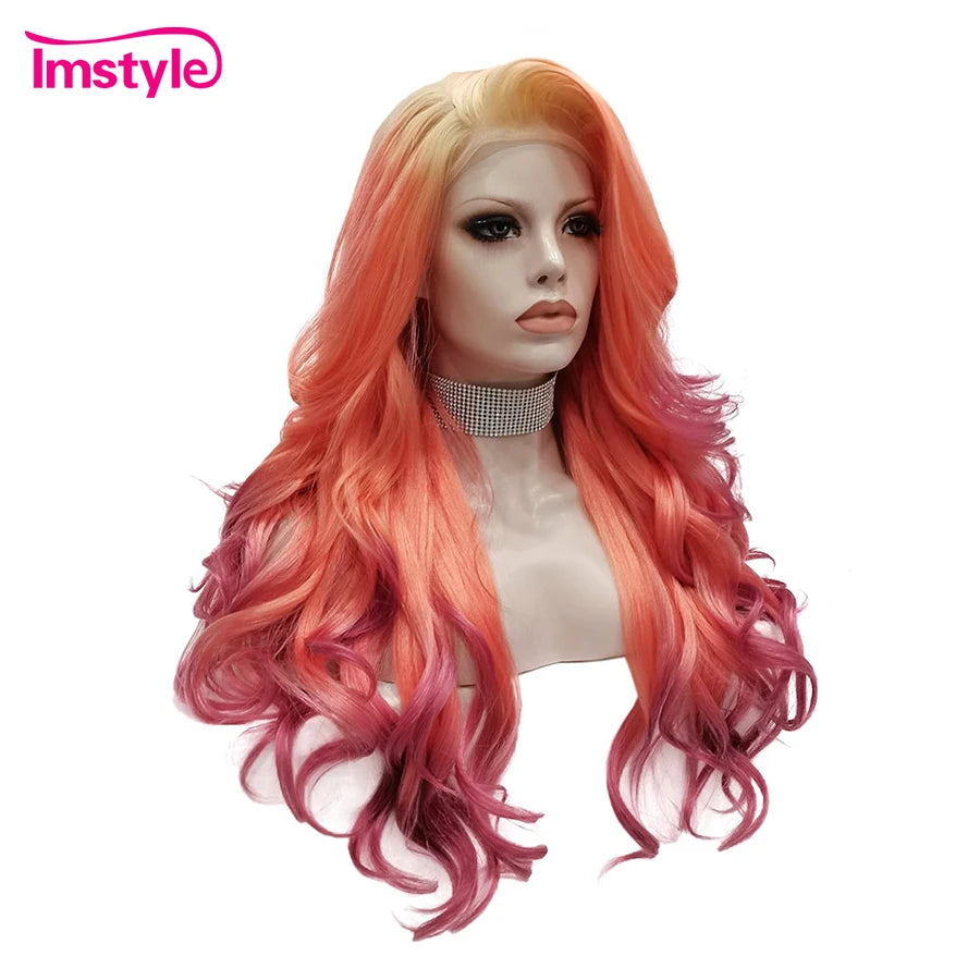 Imstyle Ombre Orange Red BURGUNDY WIGS  For Women Synthetic Lace Front Wig Heat Resistant Fiber Glueless Long Wavy Multicolor Wigs