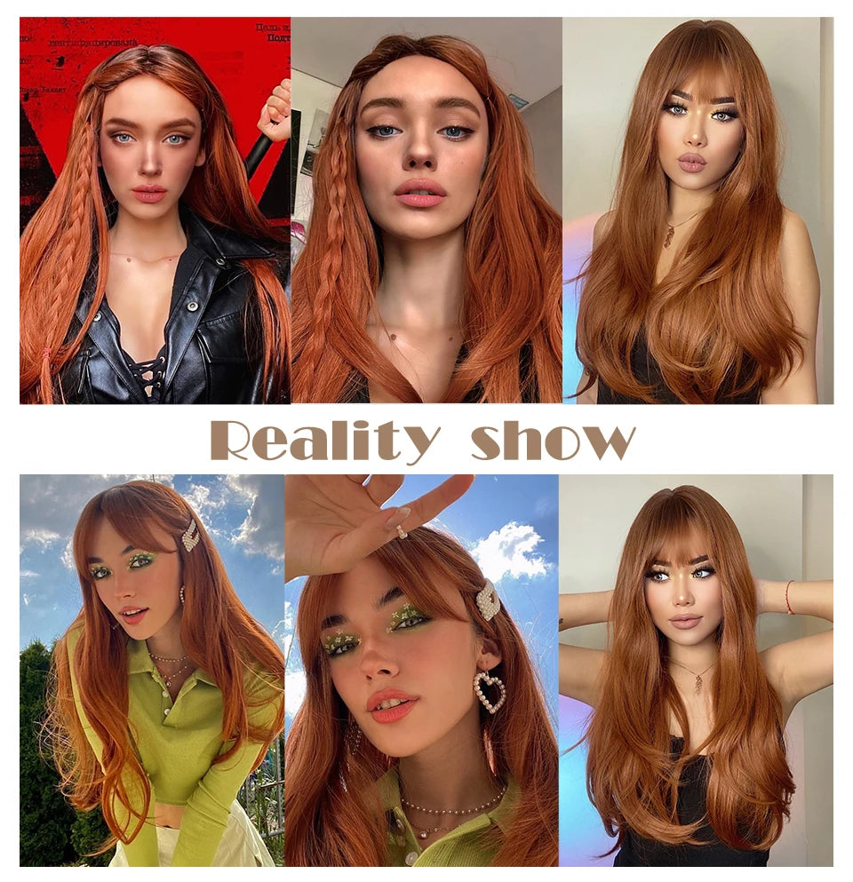 ALAN EATON Long Straight Synthetic Wigs for Women Red Brown Copper Ginger Wigs with Bangs Cosplay Daily Party Heat Resistant