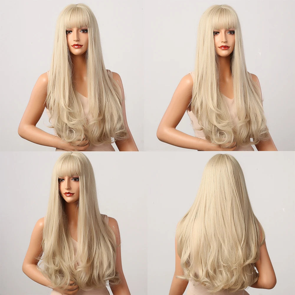 HENRY MARGU Long Natural Wavy Platinum Blonde Wigs with Bangs Cosplay Party Lolita Synthetic Wigs for Women Heat Resistant Fiber