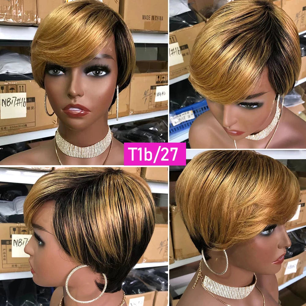 Short Human Hair Wigs Ombre Brazilian Full Machine Wigs Short Pixie Cut Wigs For Women Cheap Bob Remy Ombre Wigs