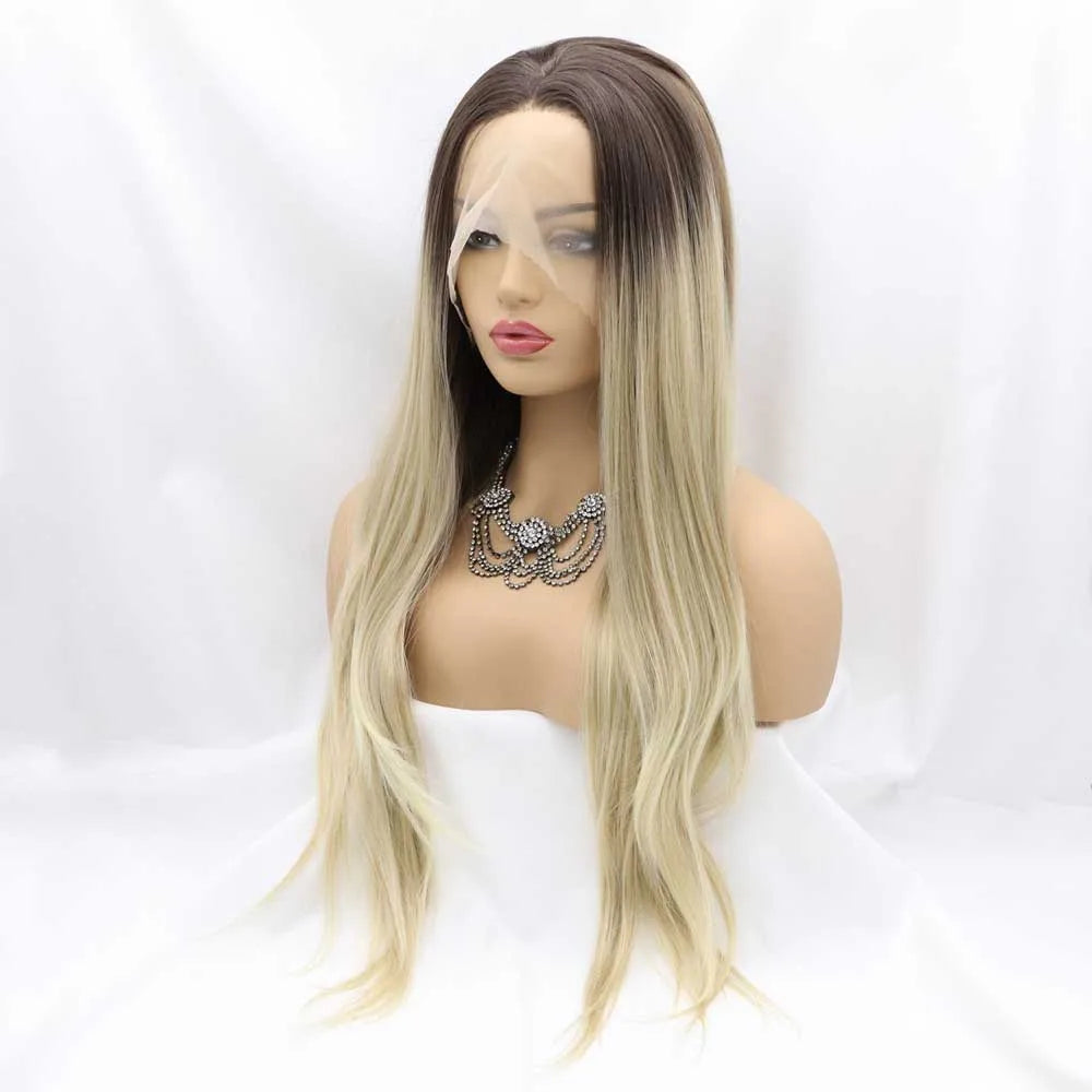 Sylvia Brown/Blonde Synthetic Lace Front Ombre Blonde Wigs Heat Resistant Fiber Long Blonde Wigs Middle Part Wigs