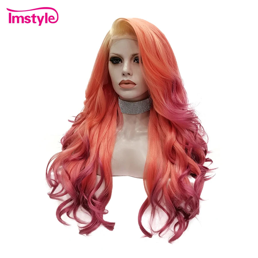 Imstyle Ombre Orange Red BURGUNDY WIGS  For Women Synthetic Lace Front Wig Heat Resistant Fiber Glueless Long Wavy Multicolor Wigs