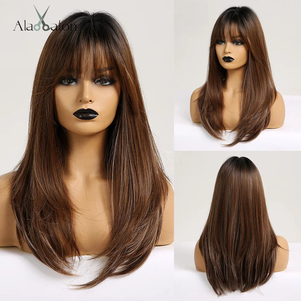 ALAN EATON Long Straight Synthetic Wigs for Women Red Brown Copper Ginger Wigs with Bangs Cosplay Daily Party Heat Resistant