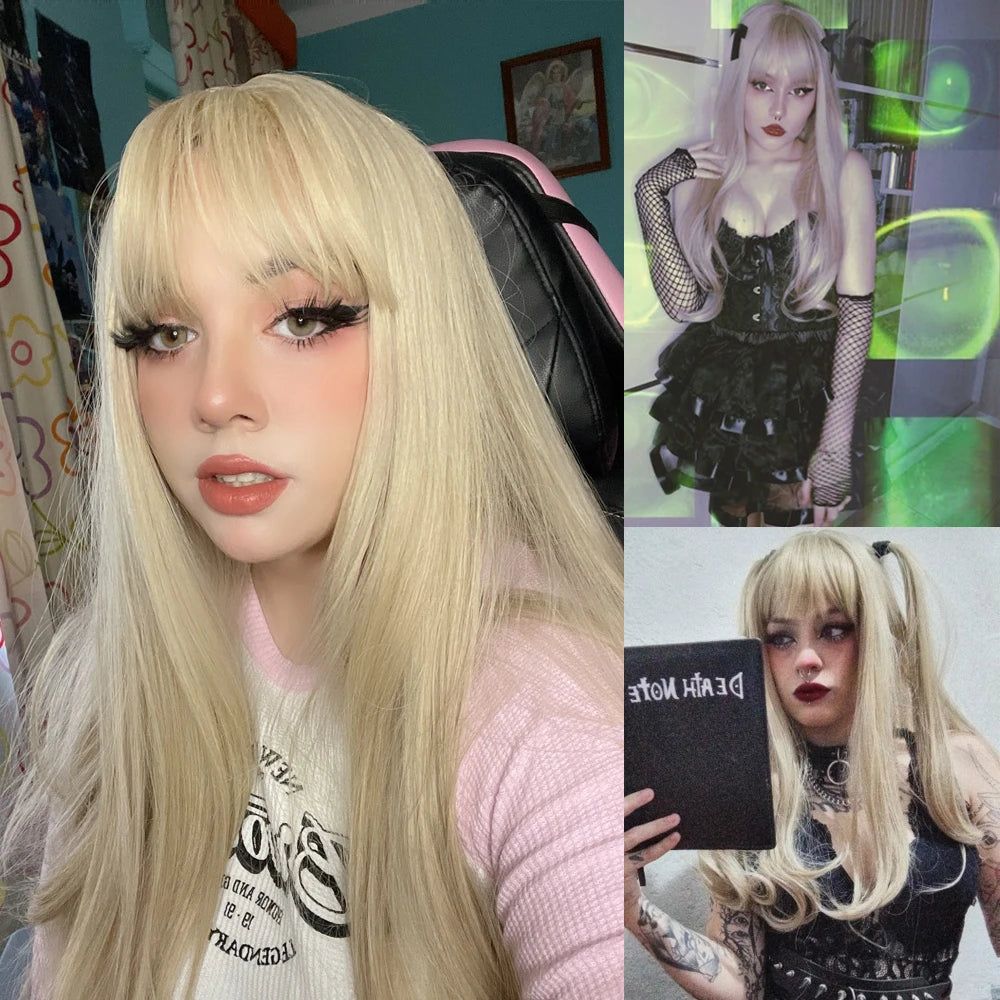 HENRY MARGU Long Natural Wavy Platinum Blonde Wigs with Bangs Cosplay Party Lolita Synthetic Wigs for Women Heat Resistant Fiber