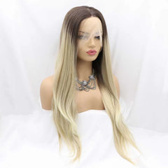 Sylvia Brown/Blonde Synthetic Lace Front Ombre Blonde Wigs Heat Resistant Fiber Long Blonde Wigs Middle Part Wigs