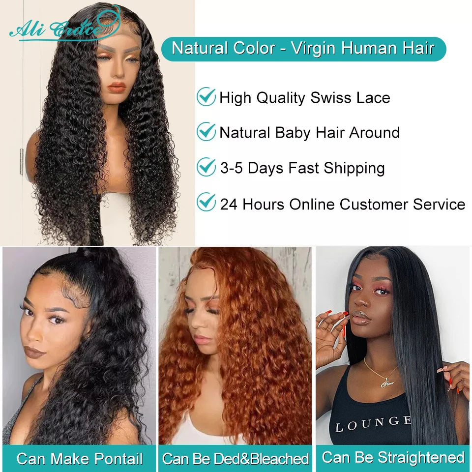 Ali Grace Wigs Brazilian Kinky Curly Human Hair Wigs Pre-Plucked 13x4 Lace Frontal Wig Remy Hair Deep Curly Lace Front Wigs