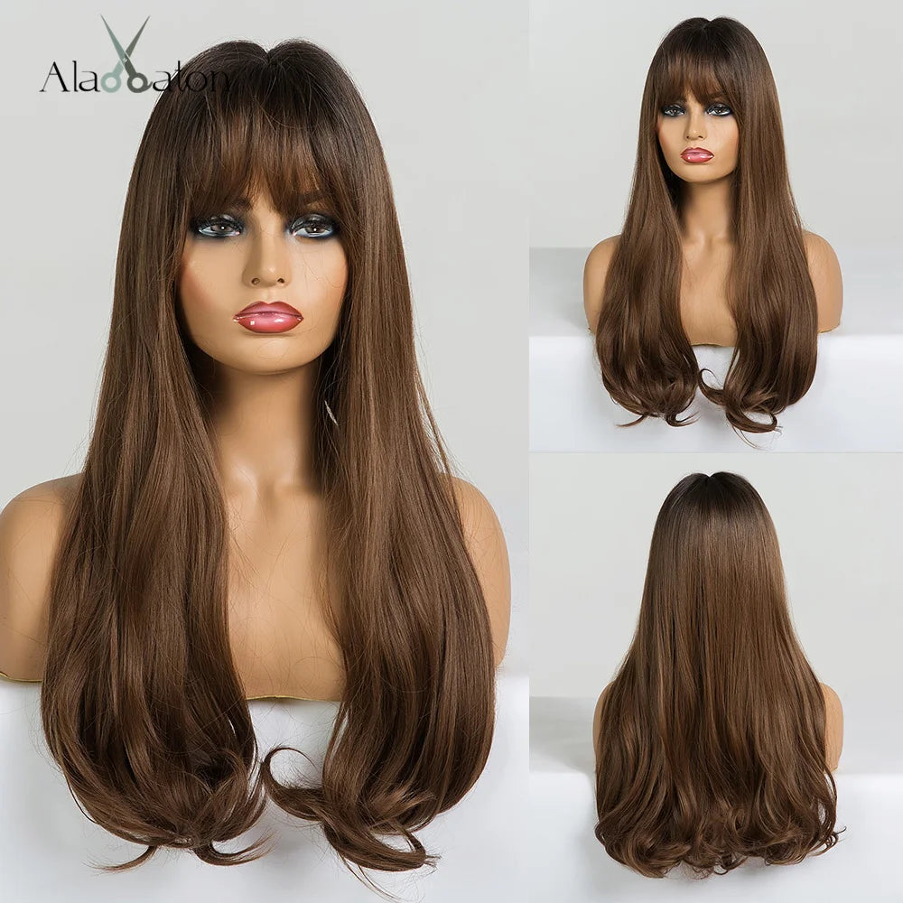 ALAN EATON Long Straight Synthetic Wigs for Women Red Brown Copper Ginger Wigs with Bangs Cosplay Daily Party Heat Resistant