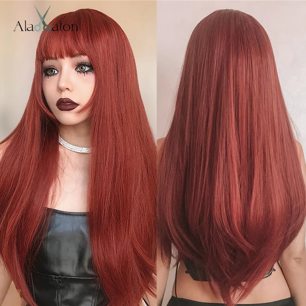 ALAN EATON Long Straight Synthetic Wigs for Women Red Brown Copper Ginger Wigs with Bangs Cosplay Daily Party Heat Resistant