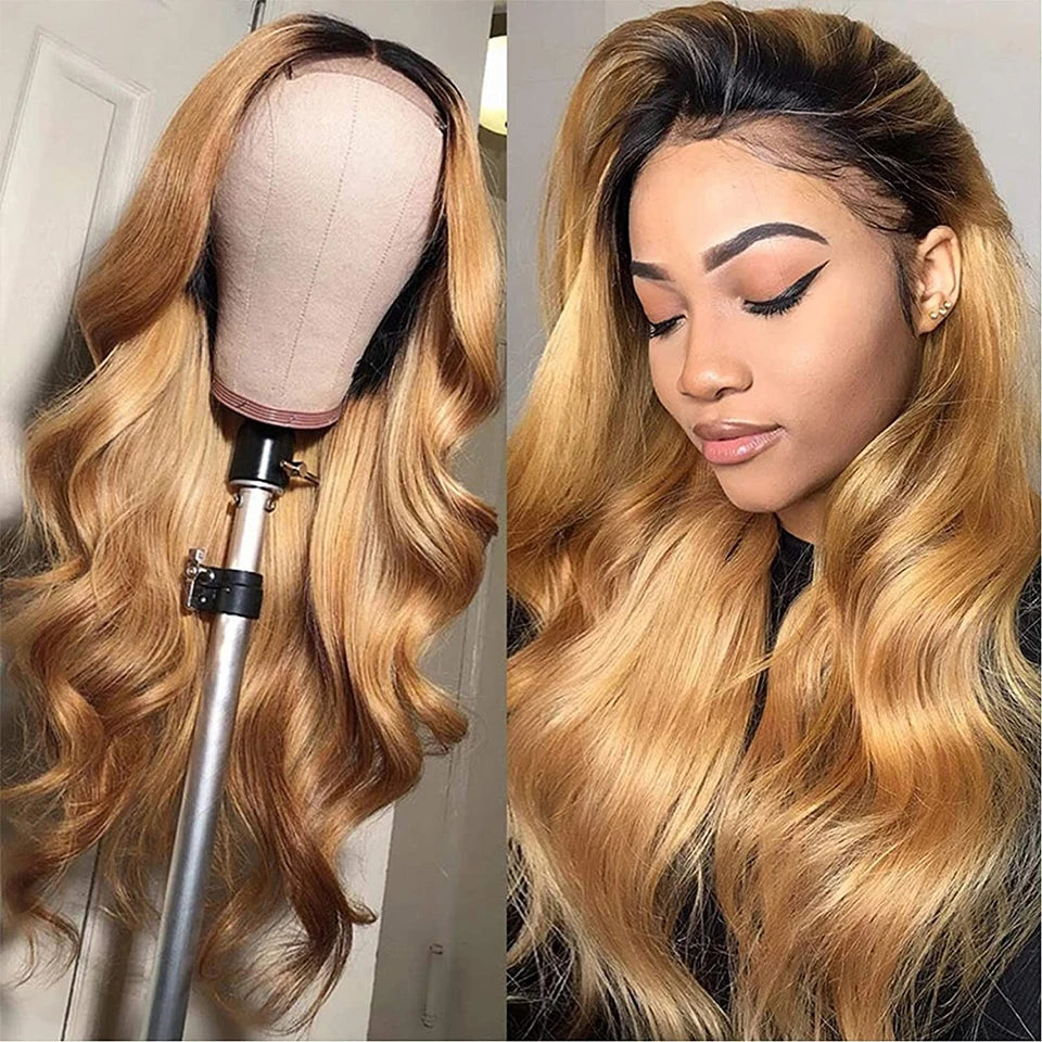 Honey Blonde Wig Ombre Lace Front Human Hair Wigs Colored 1b/27 Body Wave HD lace Frontal Wig for Women Highlight Wig Human Hair