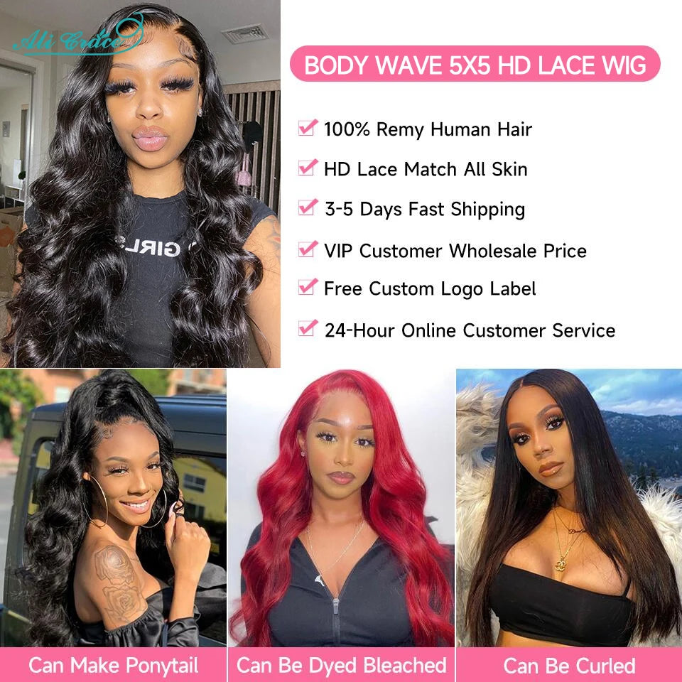 AliGrace 5x5 HD Lace Closure Wigs Brazilian Body Wave Remy Human Hair Wigs Pre-Plucked Hairline With Baby Hair HD Lace Wigs