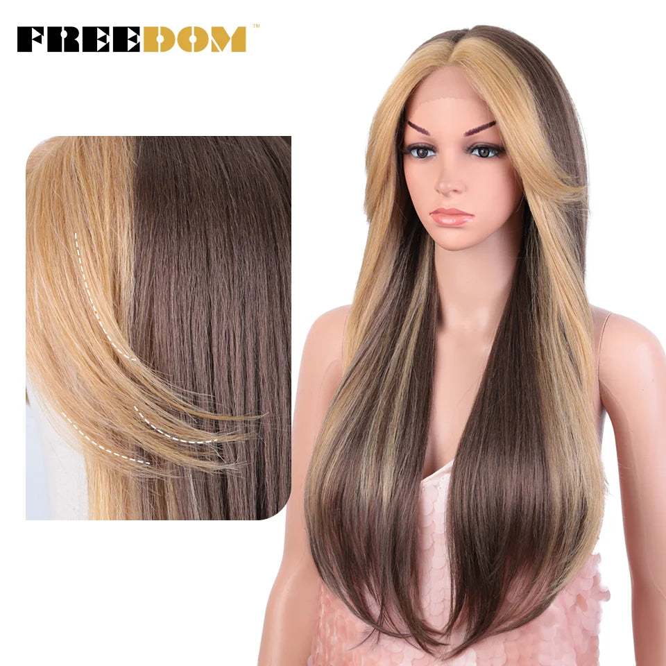 FREEDOM Synthetic Lace Front Wig Long Straight Lace Wig With Bangs Ombre Orange Blonde Wigs For Black Women Cosplay Lace Wigs