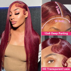 Wiggogo Bone Straight Lace Front Wigs Human Hair 99J Burgundy Lace Front Wig 13X4 13X6 Hd Lace Frontal Wigs Glueless Red Wigs