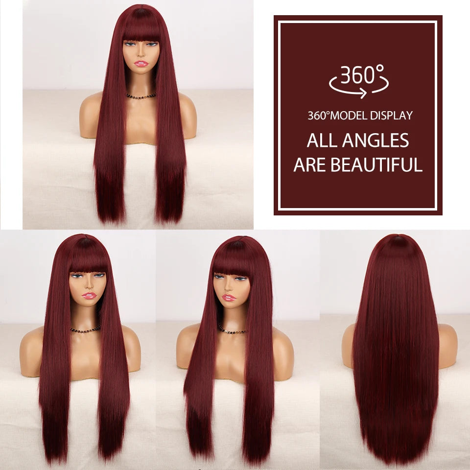 Long Straight Wine Red Wig With Bang Synthetic Wigs for Women Heat Resistant Natural Hair for Daily Halloween Cosplay Party