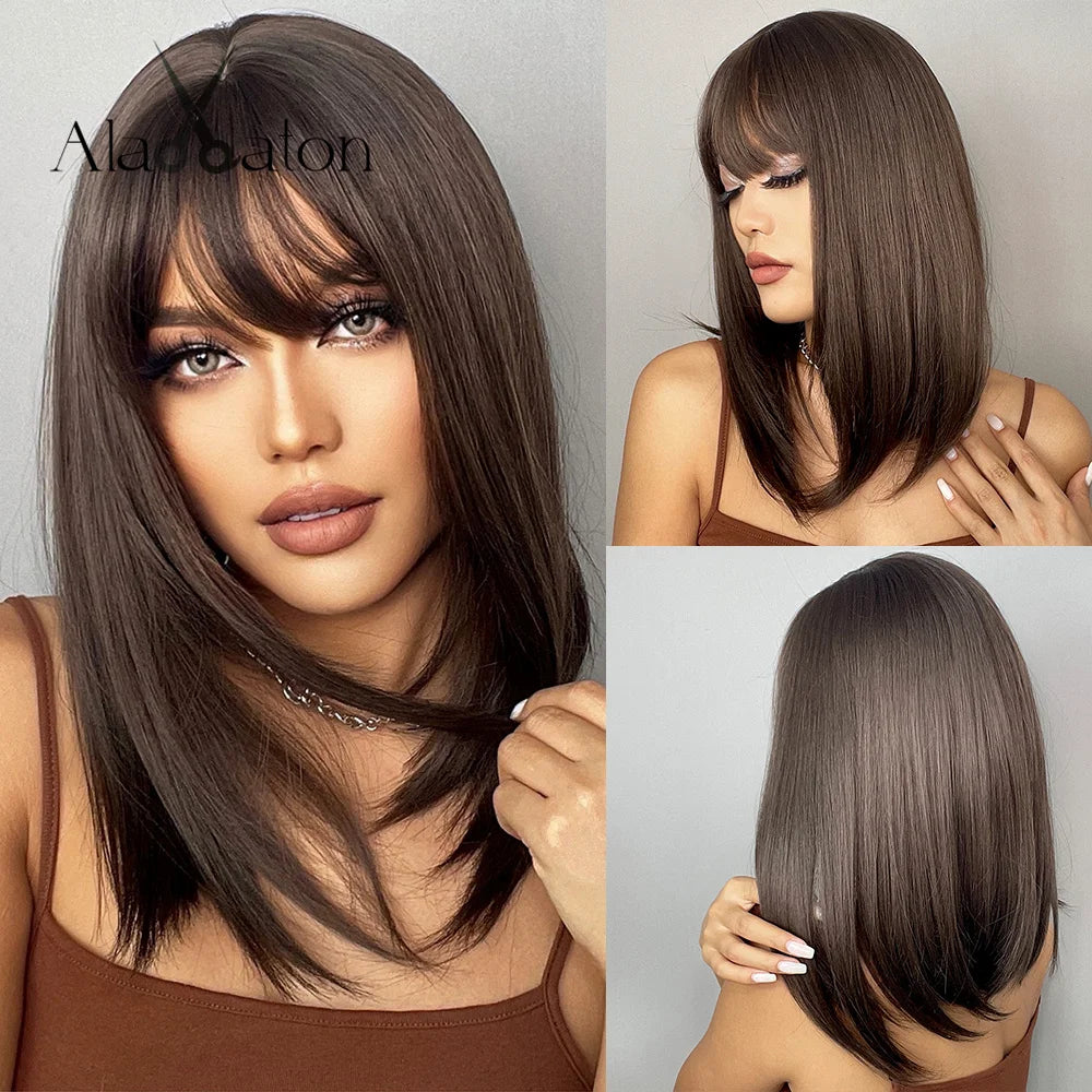 ALAN EATON Blonde Synthetic Bangs Wigs Short Straight Mixed Brown Wigs for Black Women Daily Cosplay Party Use Heat Resistant