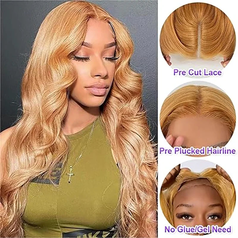 ISEE Hair Wear And Go Honey Blonde Lace Front Wigs Human Hair #27 Color Body Wave Wig PrePlucked HD Glueless Wigs Ready To Wear