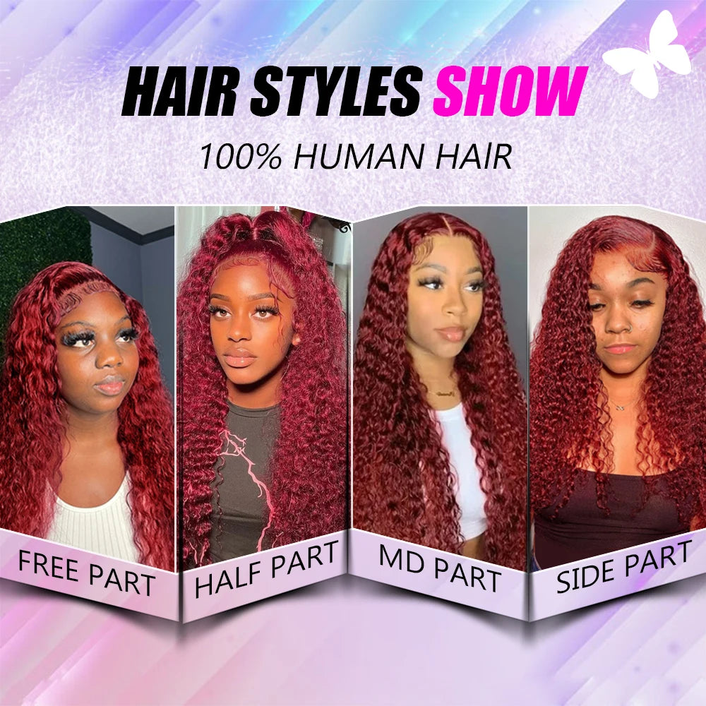 13x4 Deep Curly Lace Frontal Wig Transparent 99J Burgundy 13x6 Lace Front Wigs Red Colored HD Deep Wave Human Hair Wig Vestlucky