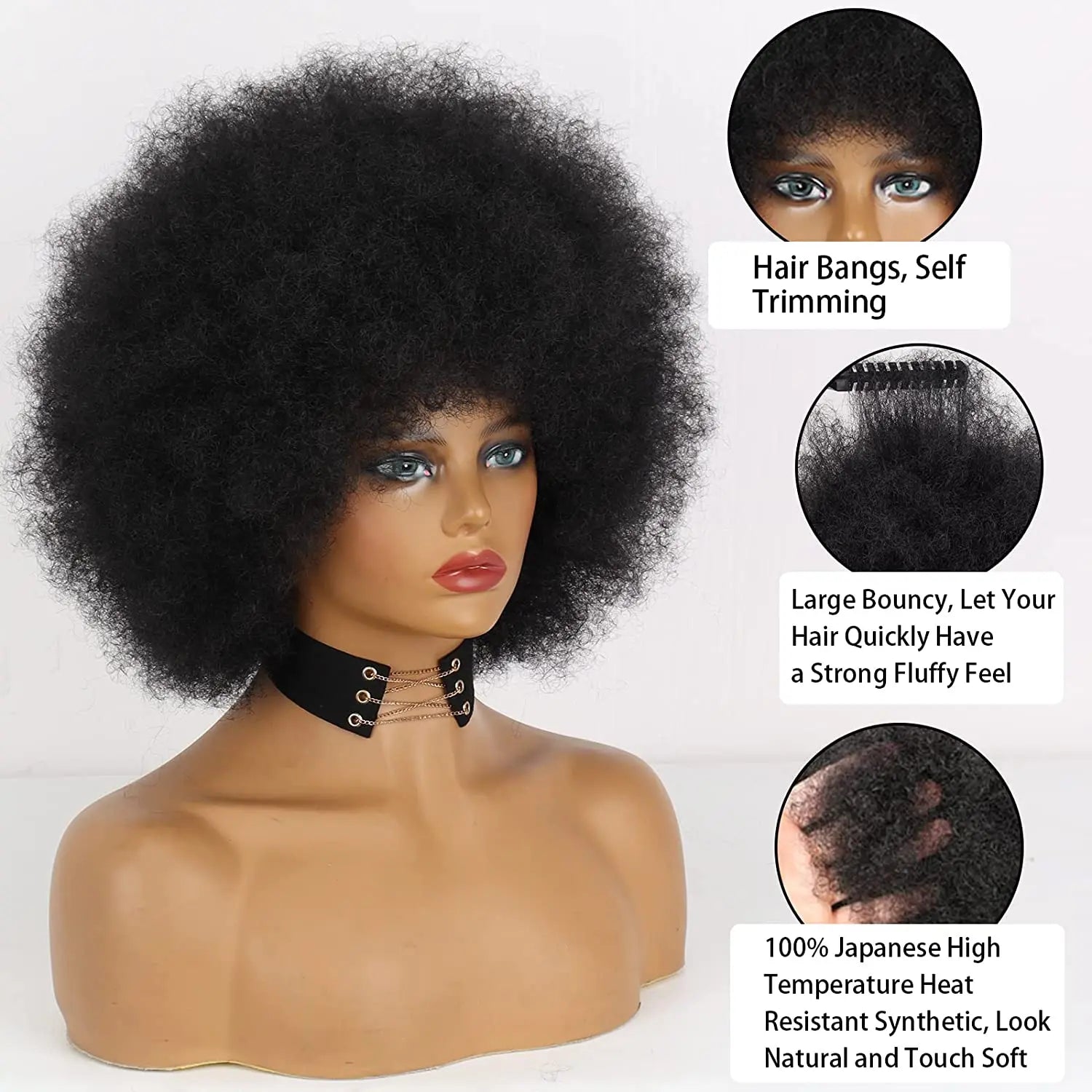 Short Synthetic wig Afro Kinky Curly Wigs With Bangs For Black Women African Synthetic Ombre Glueless Cosplay Black Wig