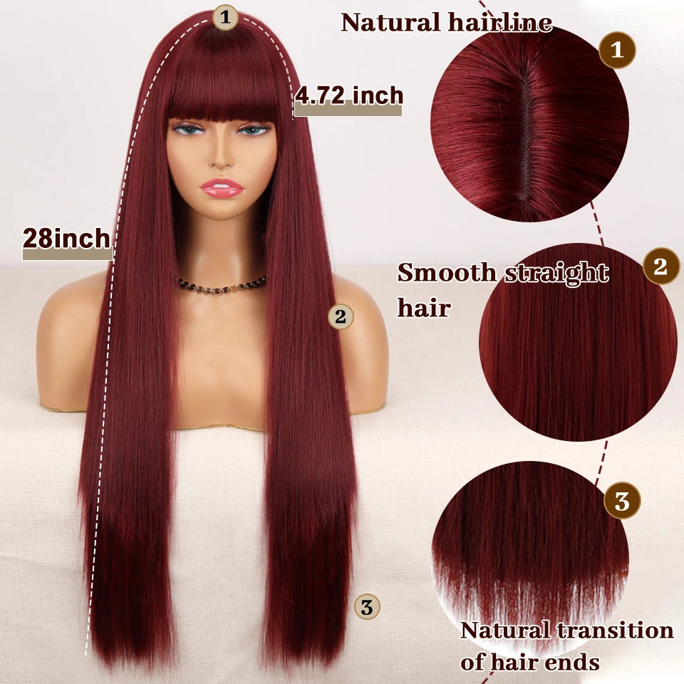 Long Straight Wine Red Wig With Bang Synthetic Wigs for Women Heat Resistant Natural Hair for Daily Halloween Cosplay Party