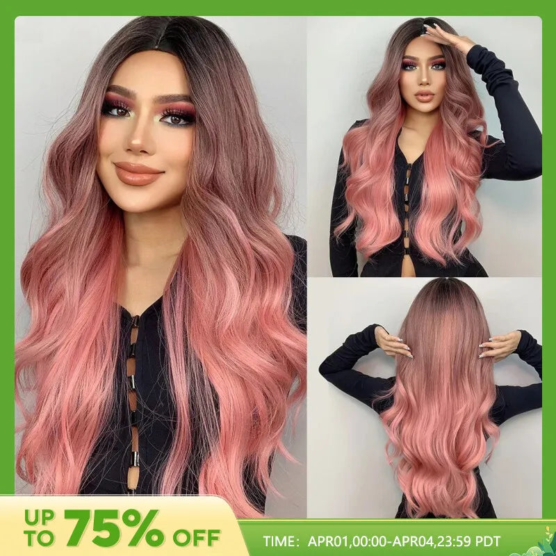 Pink Wigs For Women Long Wavy Wig Middle Part Cosplay Wig Synthetic Heat Resistant Wig Natural Hair Looking