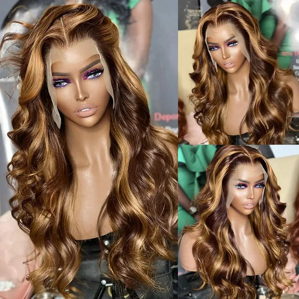 Highlight Wig Human Hair Lace Frontal Wig Body Wave Honey Blonde Brown Colored HD Lace Front Human Hair Wigs On Sale Clearance