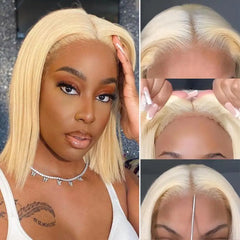 ISEE Hair Wear Go Blonde 613 Lace Front Wigs Bone Straight Transparent Lace Wig Glueless HD Short Bob Human Hair Wigs PrePlucked