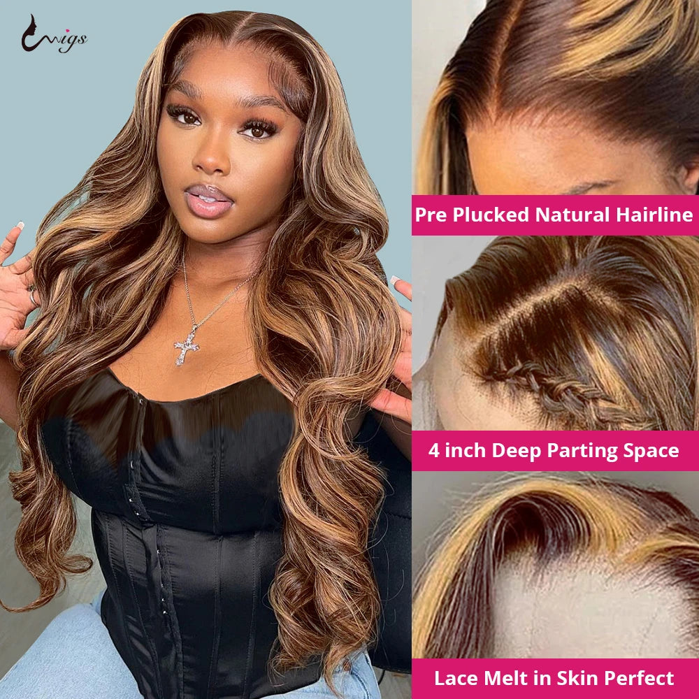 Uwigs Glueless 13x4 HD Highlight Wig Human Hair Honey Blonde Colored Lace Front Wigs For Women Brazilian Body Wave Closure Wig