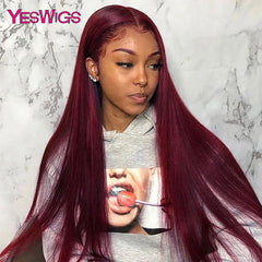 HD Burgundy 99J Straight 13x4 Lace Front Human Hair Wigs For Women Glueless Pre Pluck Wine Red Colored Lace Frontal Closure Wig