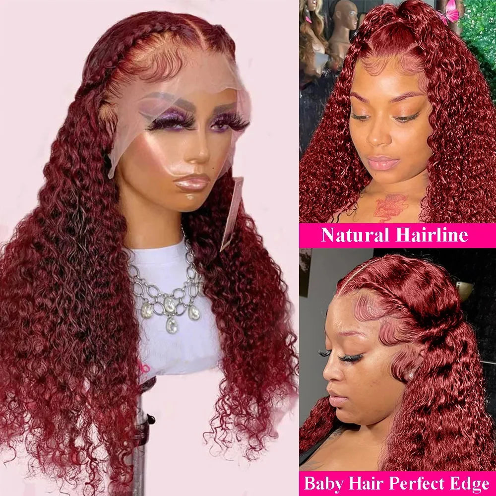 13x4 Deep Curly Lace Frontal Wig 13x6 Transparent 99J Burgundy Curly Lace Front Wigs Red Colored HD Deep Wave Human Hair Wigs