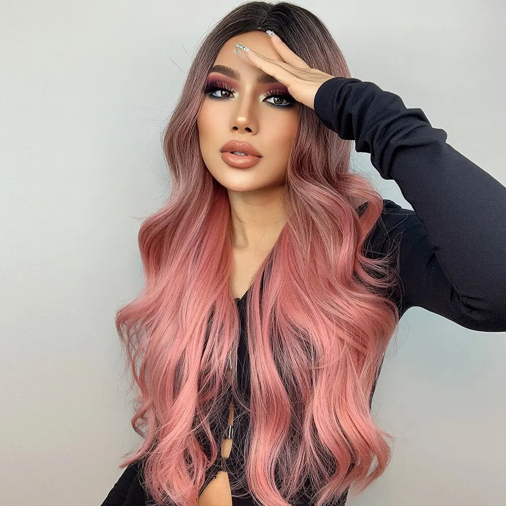 Pink Wigs For Women Long Wavy Wig Middle Part Cosplay Wig Synthetic Heat Resistant Wig Natural Hair Looking