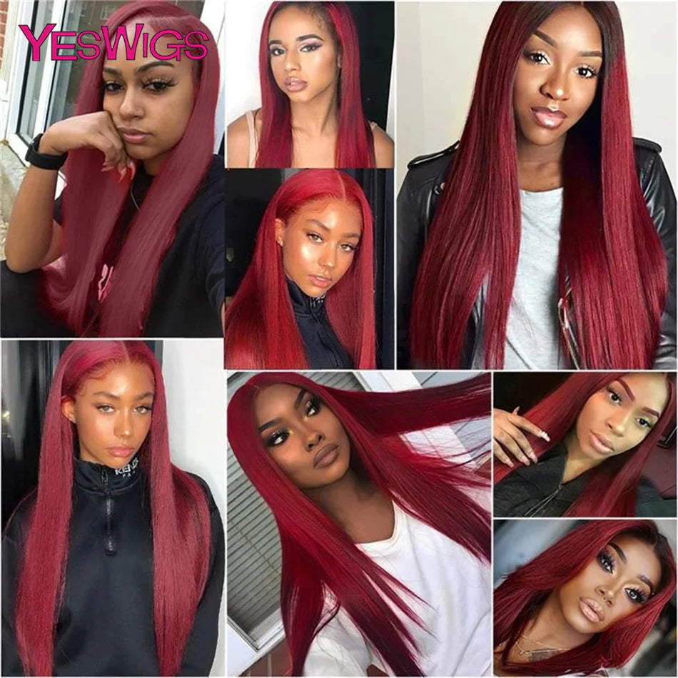 HD Burgundy 99J Straight 13x4 Lace Front Human Hair Wigs For Women Glueless Pre Pluck Wine Red Colored Lace Frontal Closure Wig