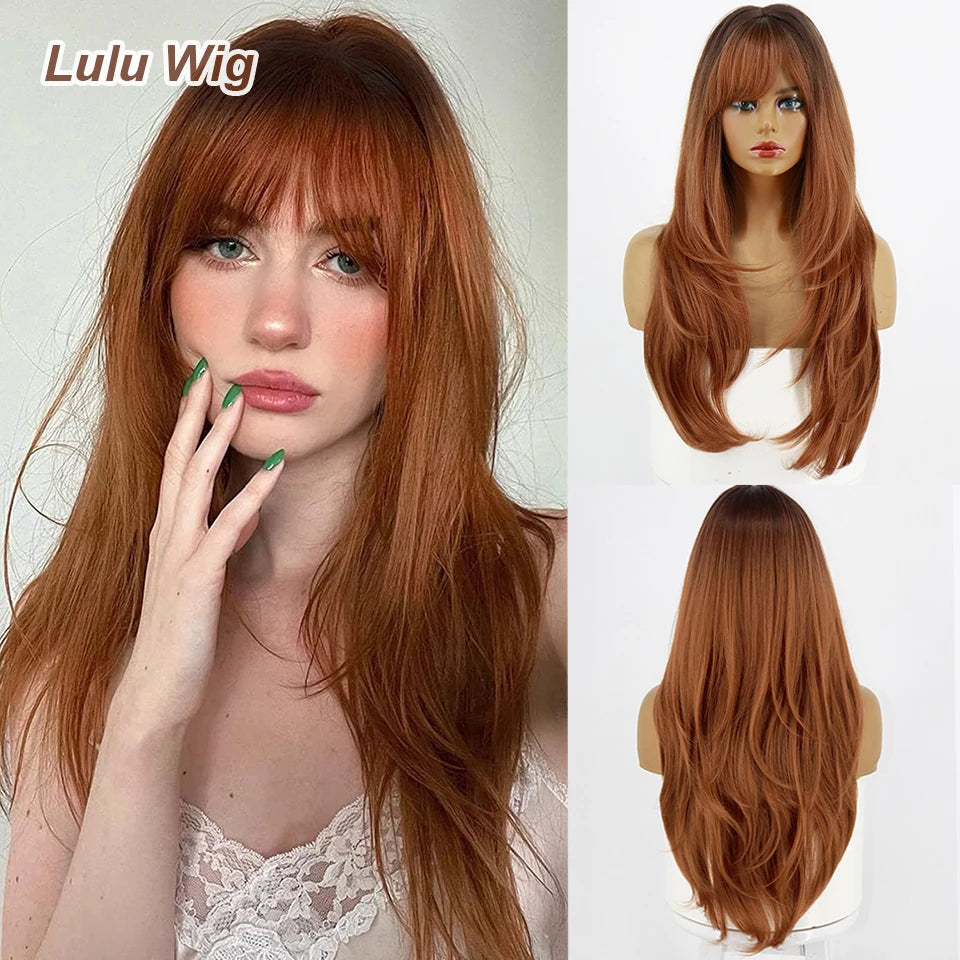 Long Straight Wine Red Wig With Bang Synthetic Wigs for Women Heat Resistant Natural Hair for Daily Halloween Cosplay Party