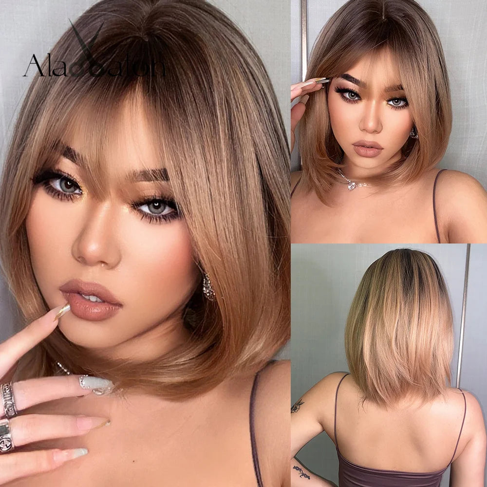 ALAN EATON Blonde Synthetic Bangs Wigs Short Straight Mixed Brown Wigs for Black Women Daily Cosplay Party Use Heat Resistant