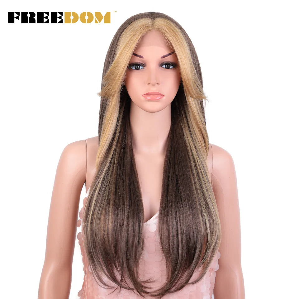 FREEDOM Synthetic Lace Front Wig Long Straight Lace Wig With Bangs Ombre Orange Blonde Wigs For Black Women Cosplay Lace Wigs