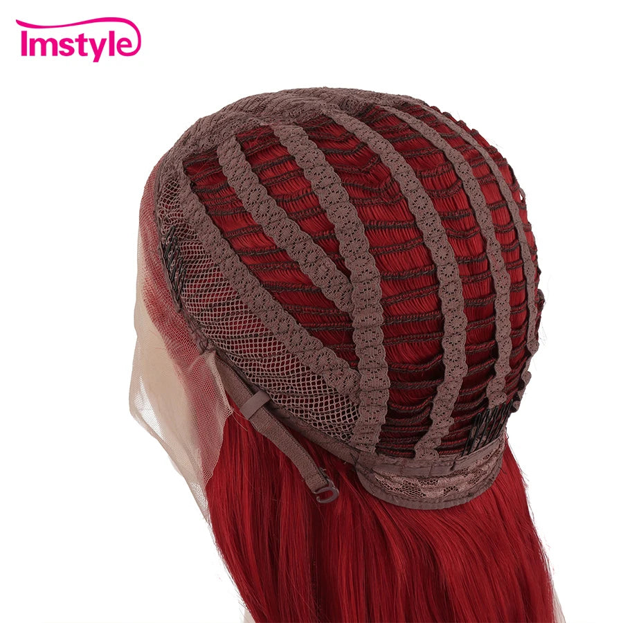 Imstyle Red Wigs Pink Straight Synthetic Lace Front Wig Heat Resistant Fibet Glueless Grey Yellow Wigs For Women Cosplay