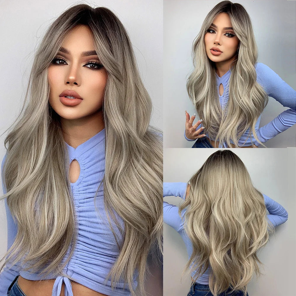 HENRY MARGU Long Natural Wavy Platinum Blonde Wigs with Bangs Cosplay Party Lolita Synthetic Wigs for Women Heat Resistant Fiber