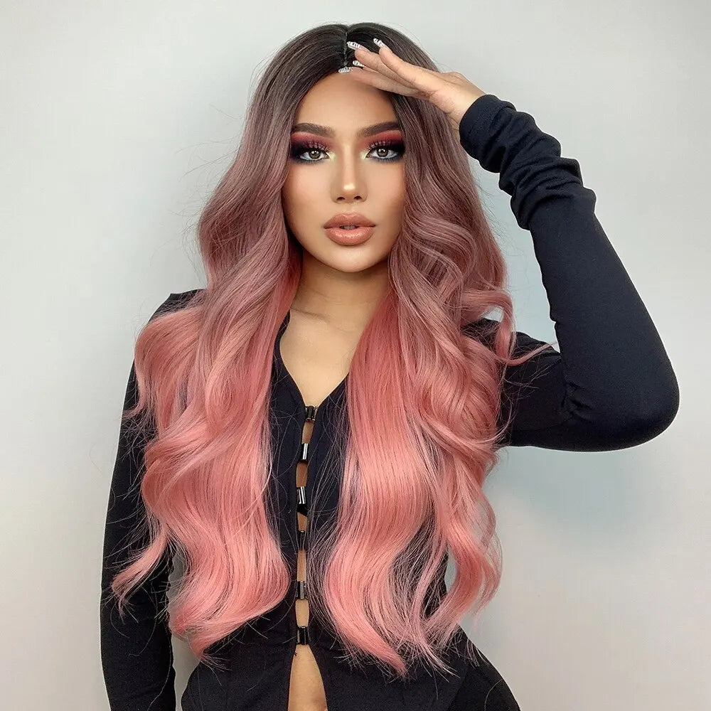 Pink Wigs For Women Long Wavy Wig Middle Part Cosplay Wig Synthetic Heat Resistant Wig Natural Hair Looking