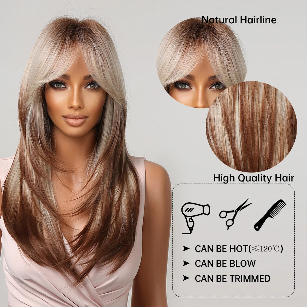 Long Straight Blonde Layered Synthetic Wigs Brown Balayage Ombre Wigs With Bang for Black Women Cosplay Costume Heat Resistant