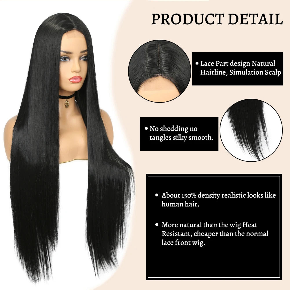 Wignee Long Straight Wig 30 Inch Black Wig Middle Part Lace Wigs With High Lights Synthetic Hair Wigs For Black Women Cosplay