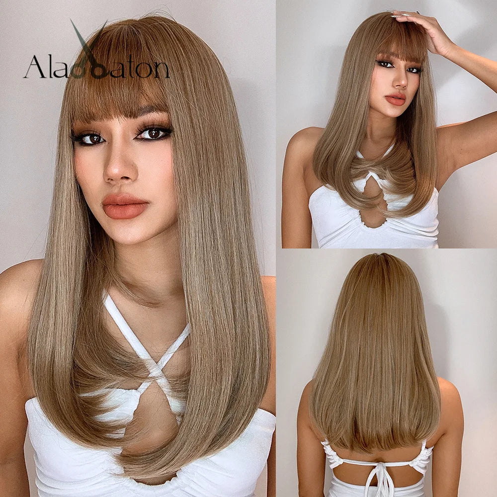 ALAN EATON Blonde Synthetic Bangs Wigs Short Straight Mixed Brown Wigs for Black Women Daily Cosplay Party Use Heat Resistant