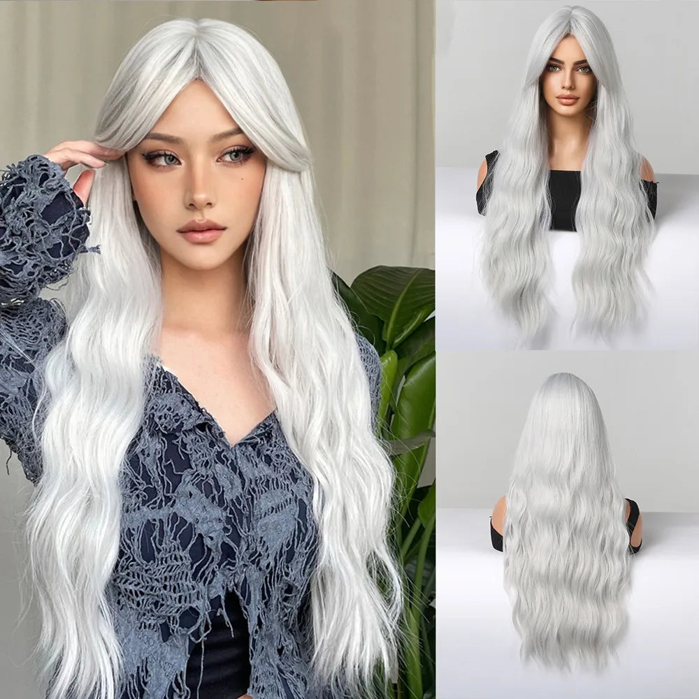 HENRY MARGU Long Natural Wavy Platinum Blonde Wigs with Bangs Cosplay Party Lolita Synthetic Wigs for Women Heat Resistant Fiber