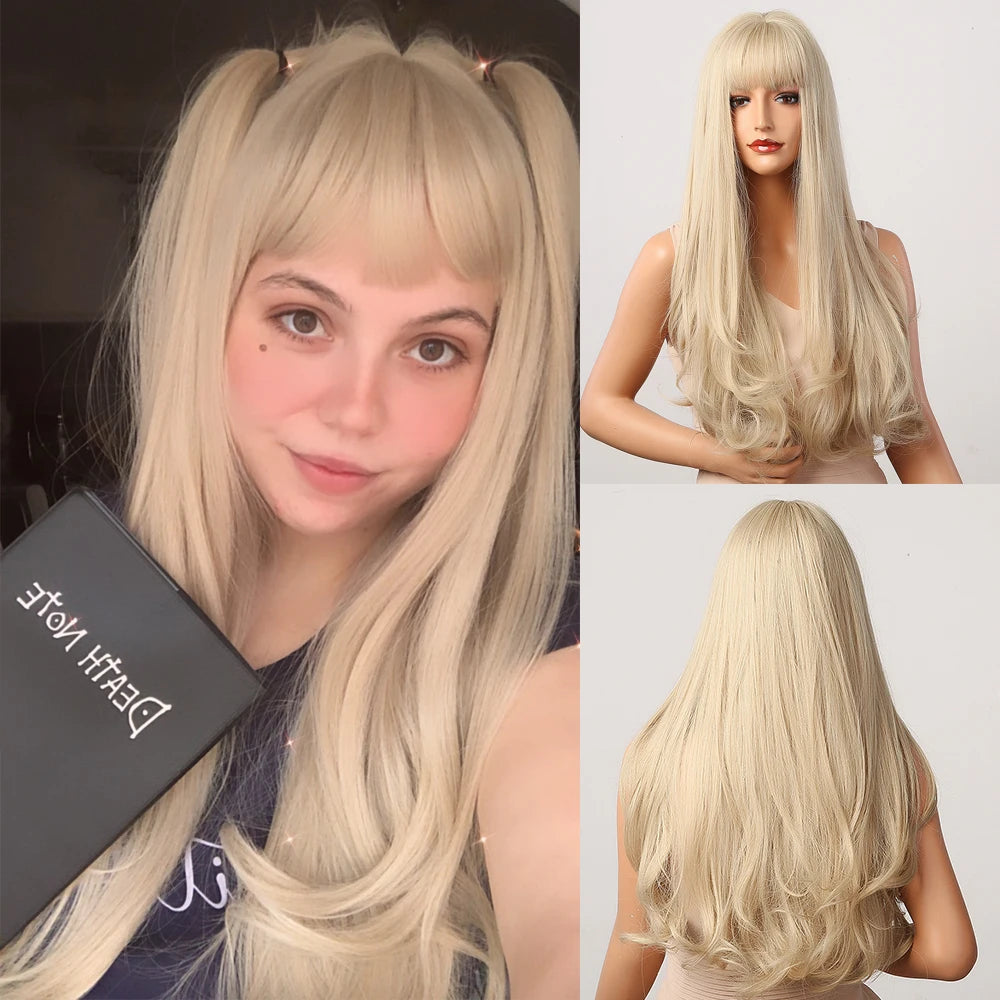 HENRY MARGU Long Natural Wavy Platinum Blonde Wigs with Bangs Cosplay Party Lolita Synthetic Wigs for Women Heat Resistant Fiber