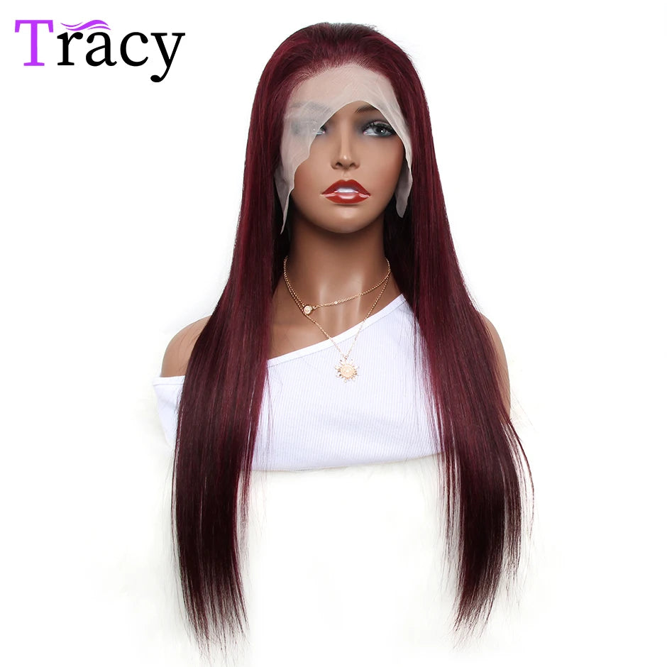 TRACY HAIR Burgundy 13x4 HD Transparent Lace Front Human Hair Wigs 99J Brazilian Remy Straight Lace Frontal Wig For Women