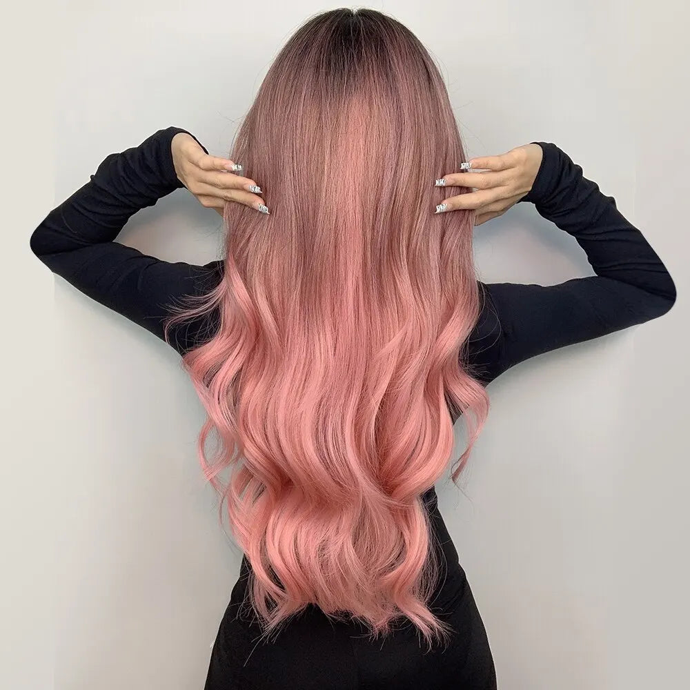 Pink Wigs For Women Long Wavy Wig Middle Part Cosplay Wig Synthetic Heat Resistant Wig Natural Hair Looking