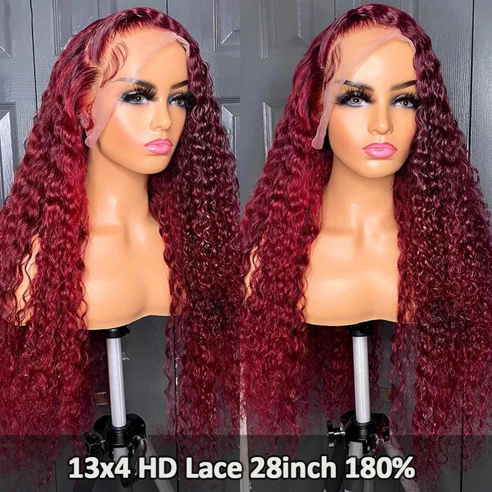 13x4 Deep Curly Lace Frontal Wig Transparent 99J Burgundy 13x6 Lace Front Wigs Red Colored HD Deep Wave Human Hair Wig Vestlucky